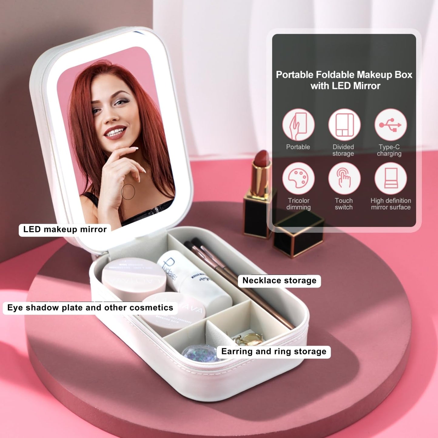 Portable LED Makeup Mirror Storage Box